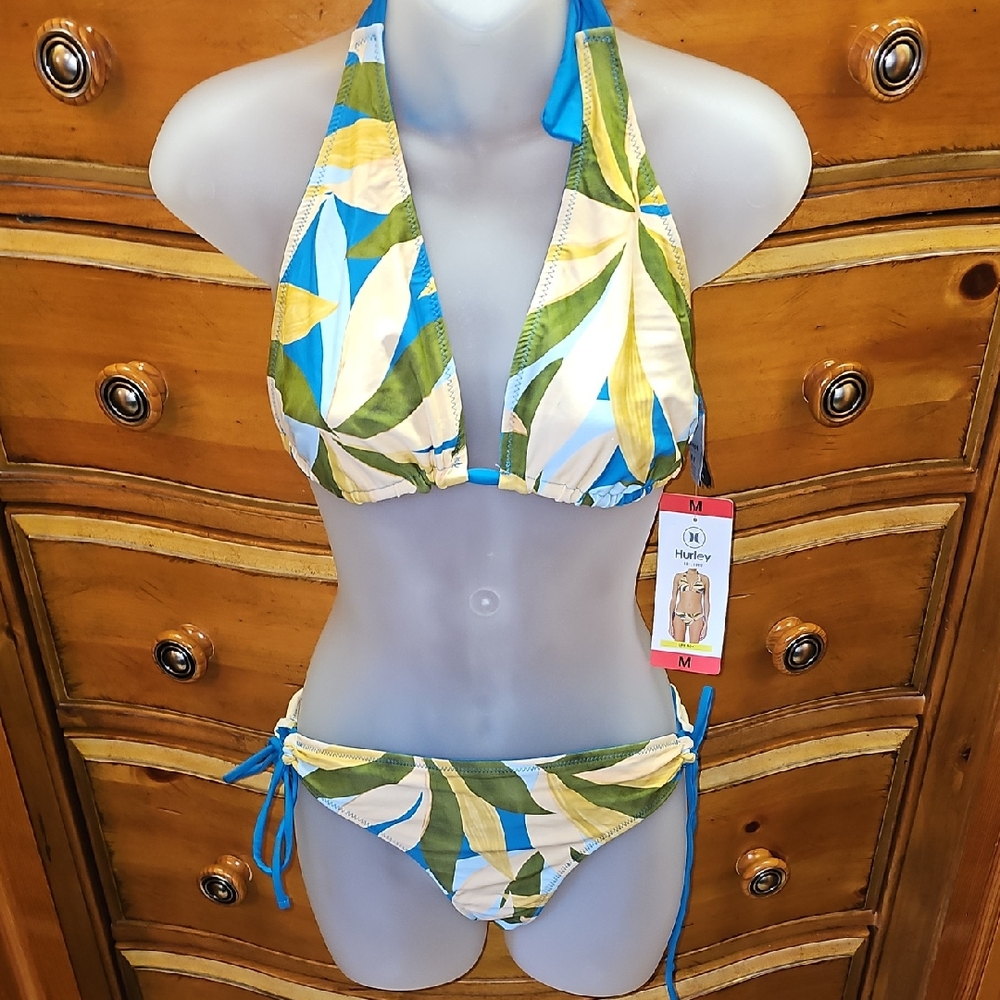 Hurley Blue Green White Tropical Reversable Halter Bikini